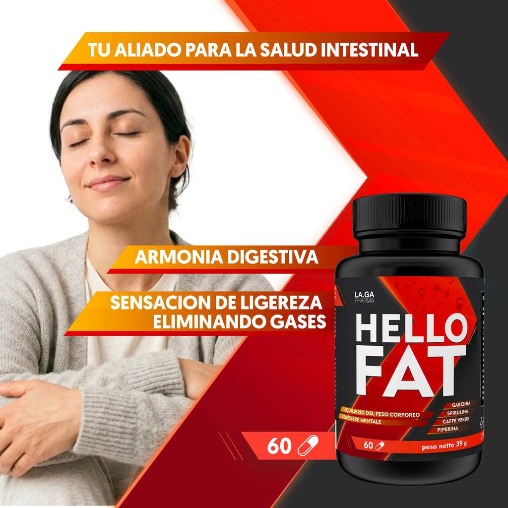 HelloFat© Suplemento con Espirulina, L-Tirosina, Naranjo Amargo, Piperina, Cromo. Natural Complex para Hombre y Mujer, Fórmula Completa, 60 Cápsulas Fabricado en Italia, 2 Meses.