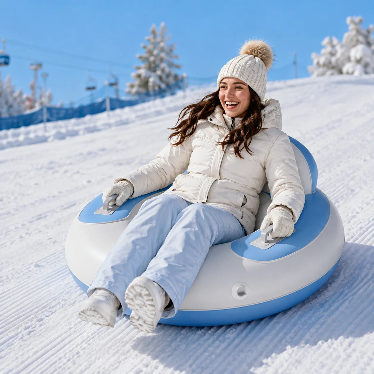 Tubo de Nieve Inflable Automático de 34.3 Pulgadas con Respaldo y Asas, Trineo de Nieve Portátil para Jugar en la Nieve al Aire Libre