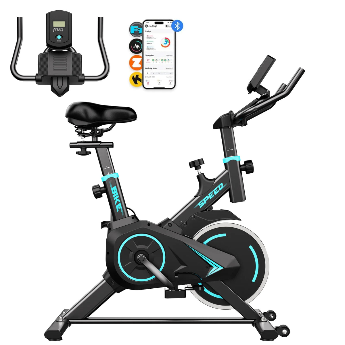 Bicicleta de Ejercicio Estática para Interiores, Resistencia Ajustable, Ultra Silenciosa, Conexión a APP Inteligente, Pantalla LCD, Monitor de Ritmo Cardíaco Opcional, Carga Máxima 120KG, Bicicleta de Fitness para Gimnasi