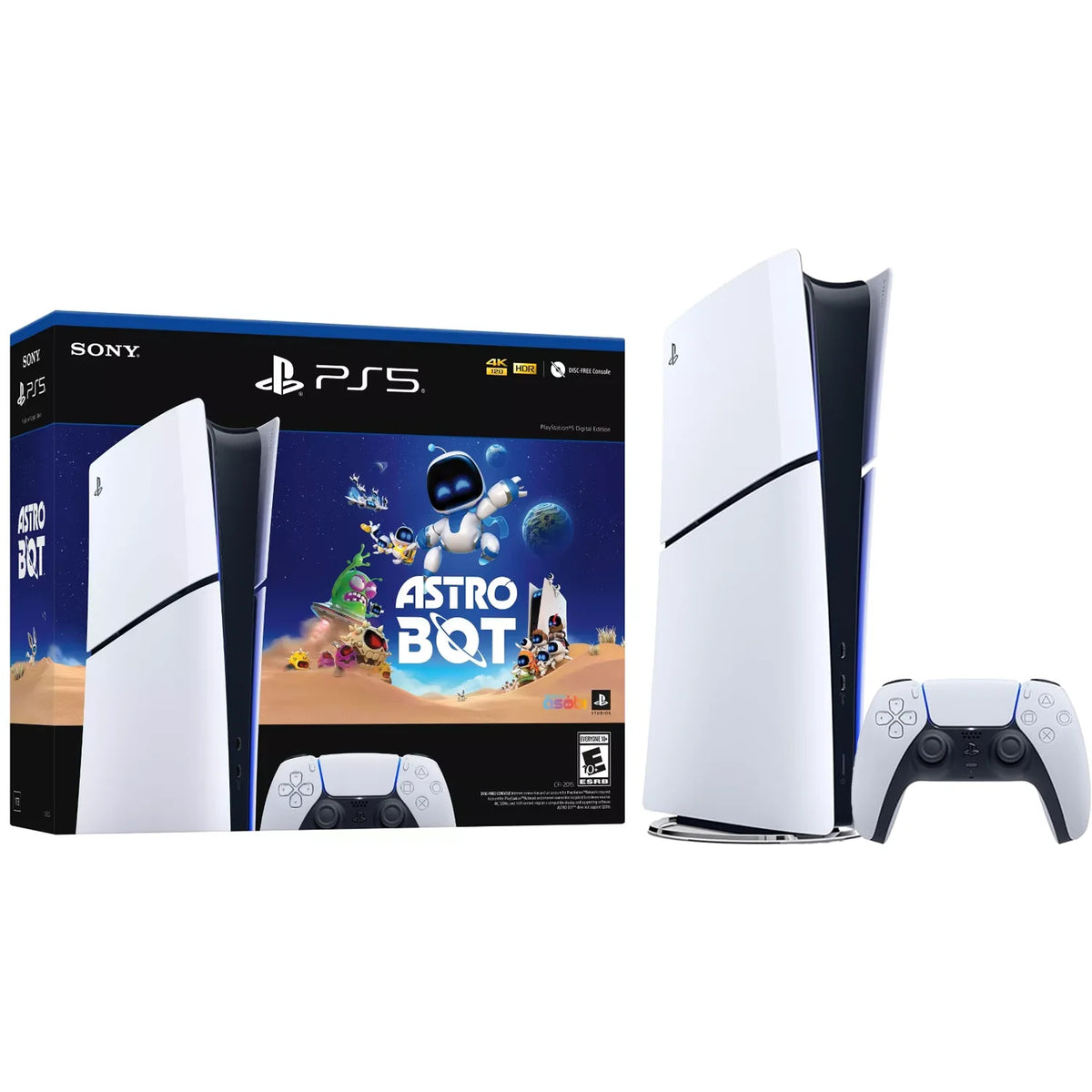 Consola PlayStation 5 Slim blanca con caja ASTRO BOT y logotipo PS5