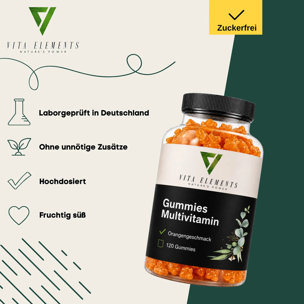 Gomitas multivitamínicas |     Probado en laboratorio en Alemania |     Suplementos para la salud |     Sistema Inmunológico |     Con 12 vitaminas y minerales |     Sin Adiciones Innecesarias |     Sin azúcar |     120 go