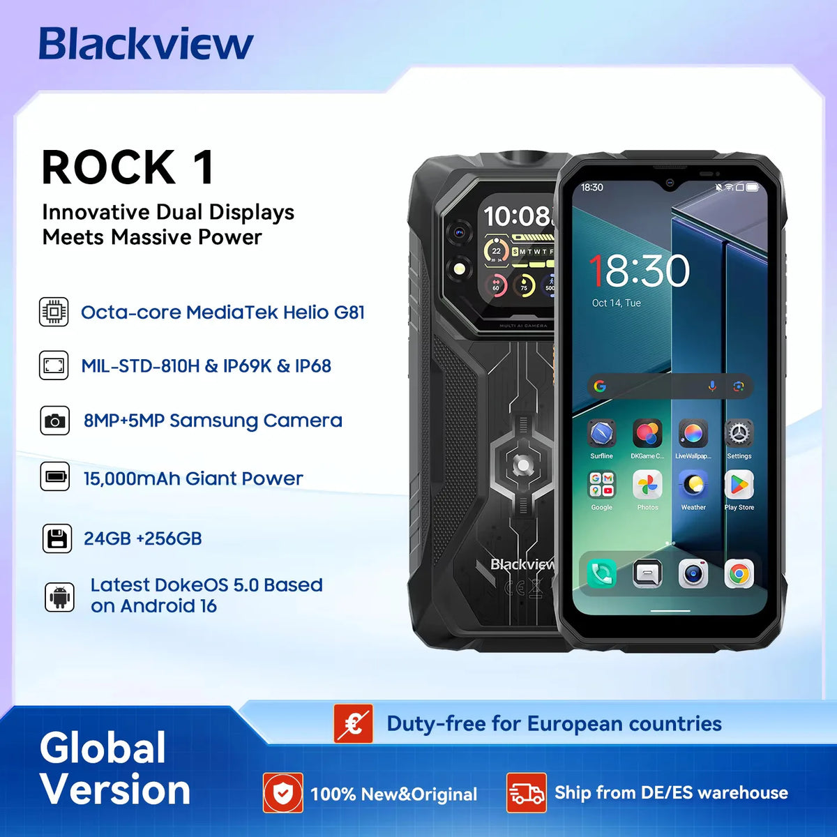 Teléfono móvil para exteriores Blackview Rock 1 Android 16, smartphone para exteriores de 24GB + 256GB/2TB, 15000mAh, 6.56 pulgadas HD+, resistente al agua IP68