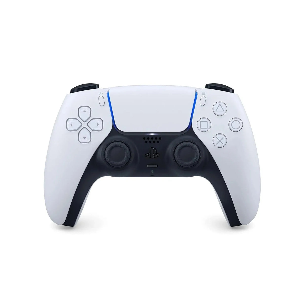 Mando inalámbrico blanco y negro para PlayStation 5 Slim, vista frontal cercana.