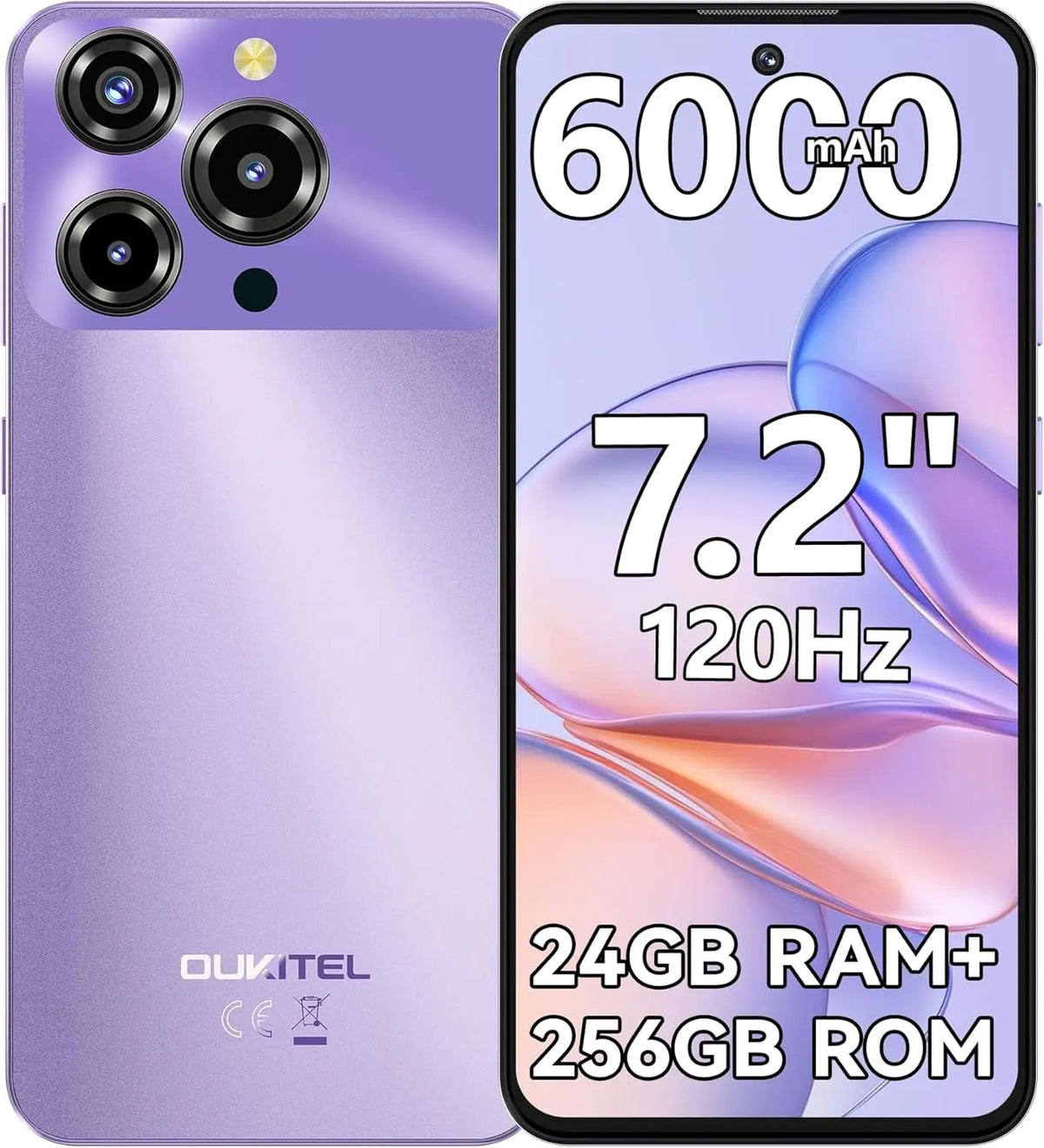 OUKITEL C69 4G [2025] Teléfonos celulares desbloqueados, teléfono inteligente Android 15, 24GB RAM + 256GB ROM/1TB, 6000mAh, pantalla HD+ de 7.2" y 120Hz