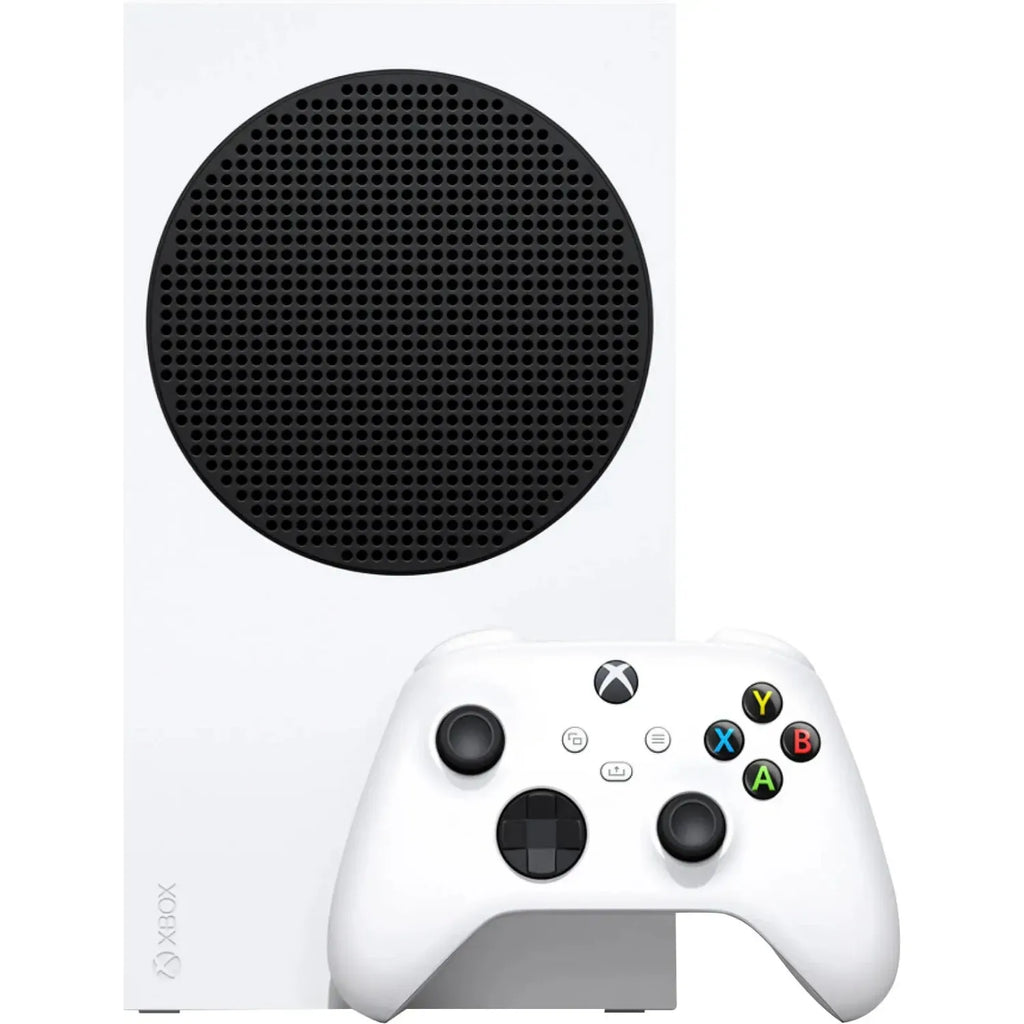Consola Xbox blanca con rejilla circular negra y control inalámbrico blanco