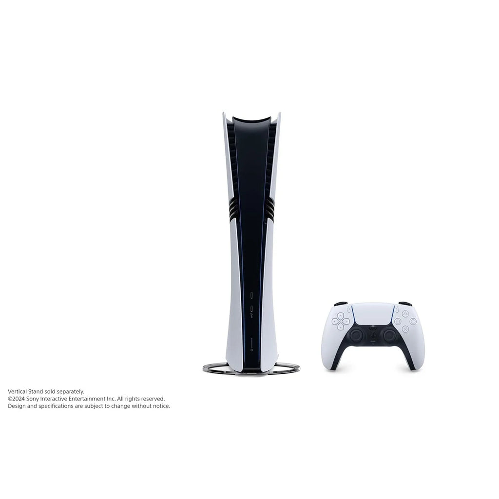 Consola PlayStation 5 Pro blanca con base y control inalámbrico, vista frontal vertical.