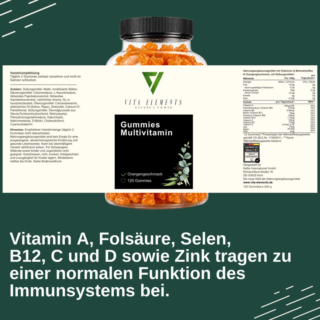 Gomitas multivitamínicas |     Probado en laboratorio en Alemania |     Suplementos para la salud |     Sistema Inmunológico |     Con 12 vitaminas y minerales |     Sin Adiciones Innecesarias |     Sin azúcar |     120 go