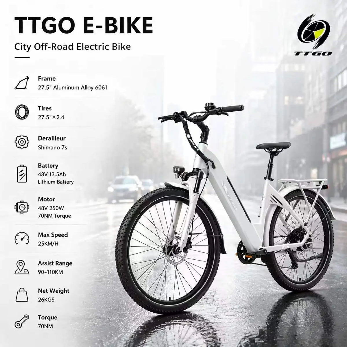 TTGO C5 250W Electric City Bike for Adults, 48V 13.5Ah Removable Battery, 62Nm Brushless Motor, Low-Step Aluminium Frame, Hydraulic Disc Brakes,  7-Speed, Front Suspension E-Bike for Men and Women