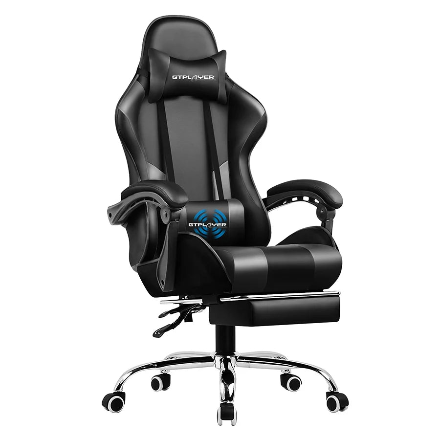Silla gaming negra con reposapiés, reposacabezas, soporte lumbar y base giratoria