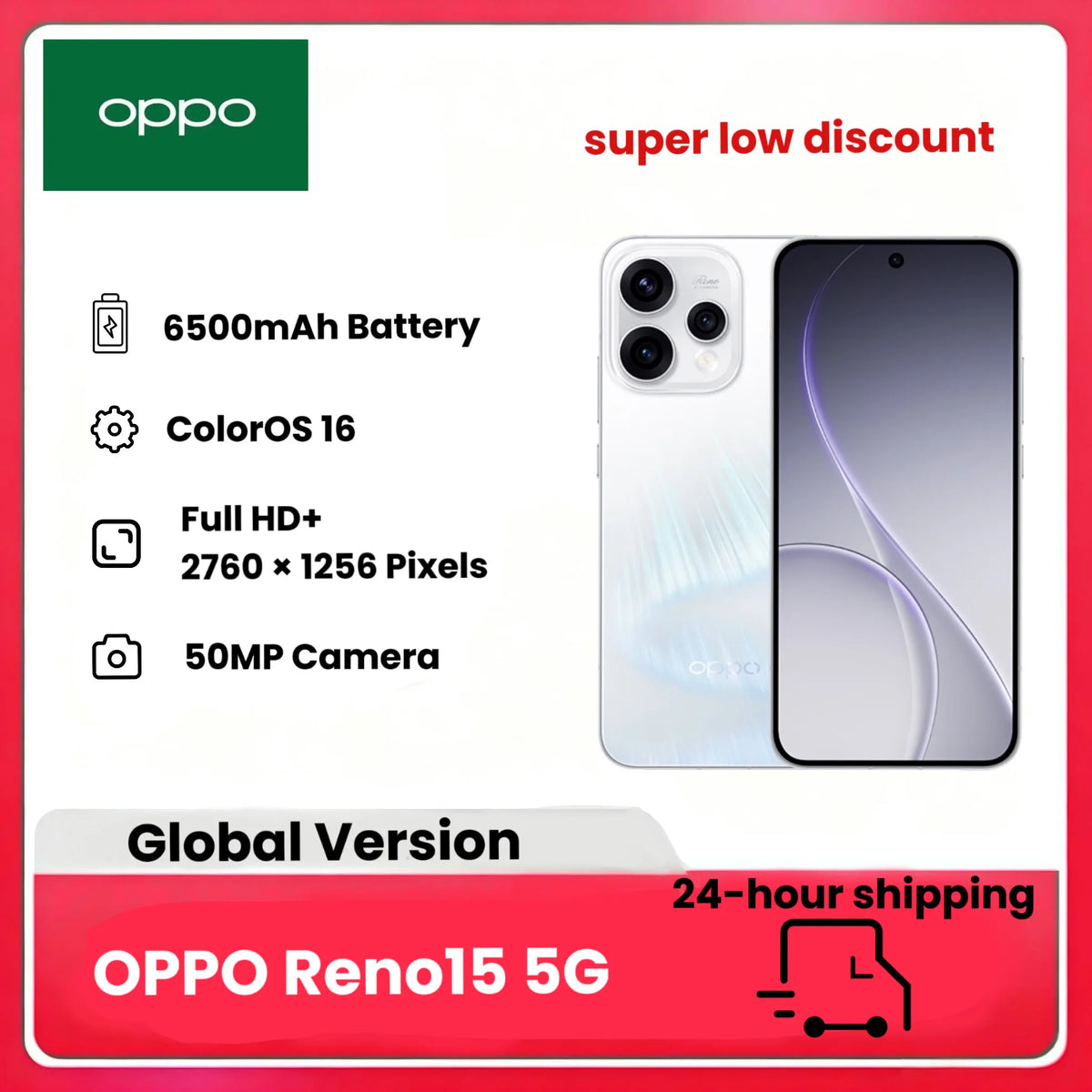 Smartphone OPPO Reno15 5G Android, 8+512GB, pantalla de 6.59" 120Hz, cámara selfie ultra gran angular de 50MP, teleobjetivo 3.5x Vibe Portrait | ColorOS 16, AI Portrait Glow, batería de 6500mAh, IP69, cargador no incluido