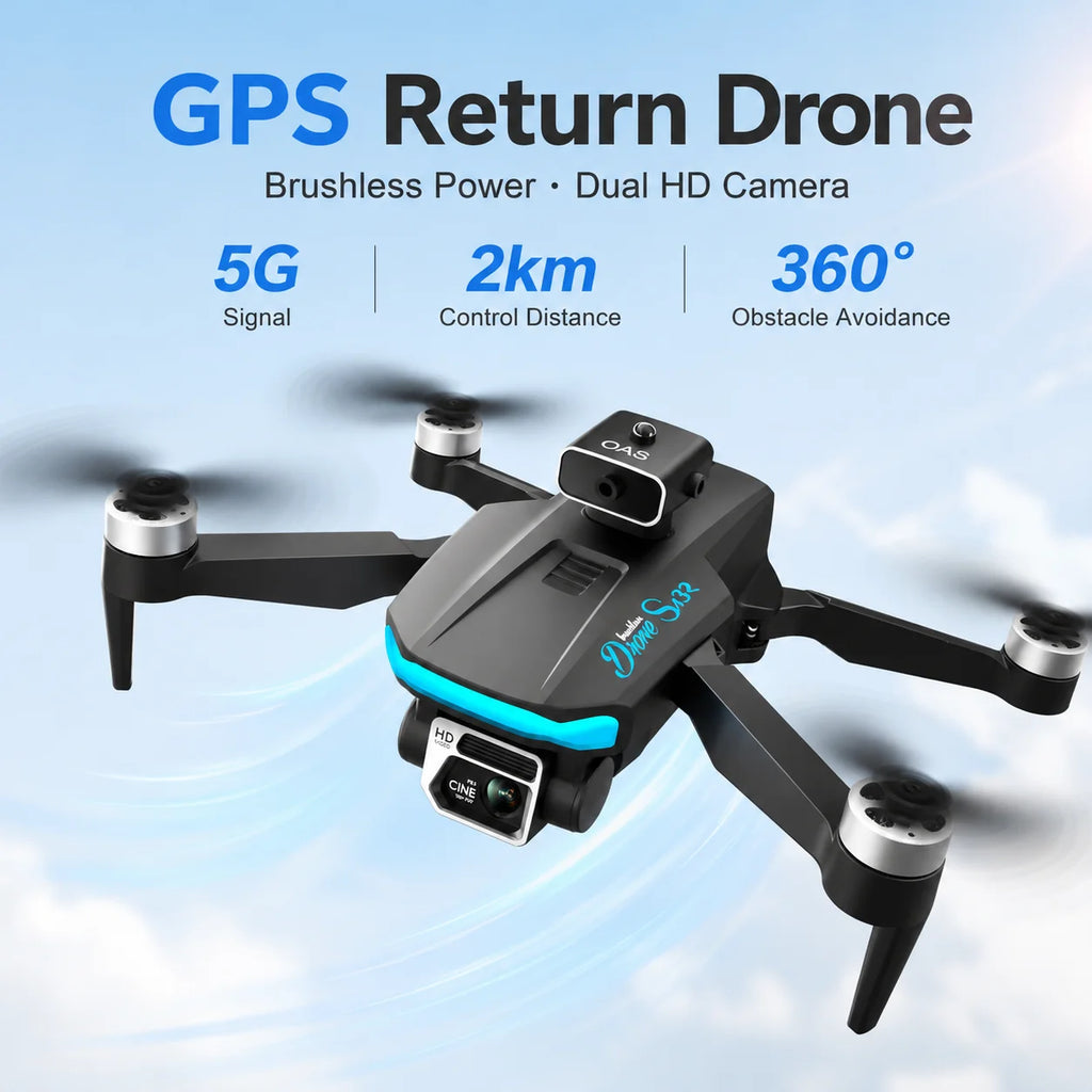 Dron RC negro con doble cámara y hélices; acabado azul turquesa en el cuerpo
