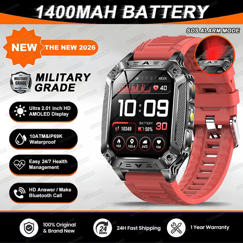 Reloj inteligente militar 2026 TANK, nuevo, 1400 mAh, GPS, pantalla AMOLED de 2.01", resistente al agua 10ATM, reloj, llamada SOS, linterna, para hombre, compatible con iOS