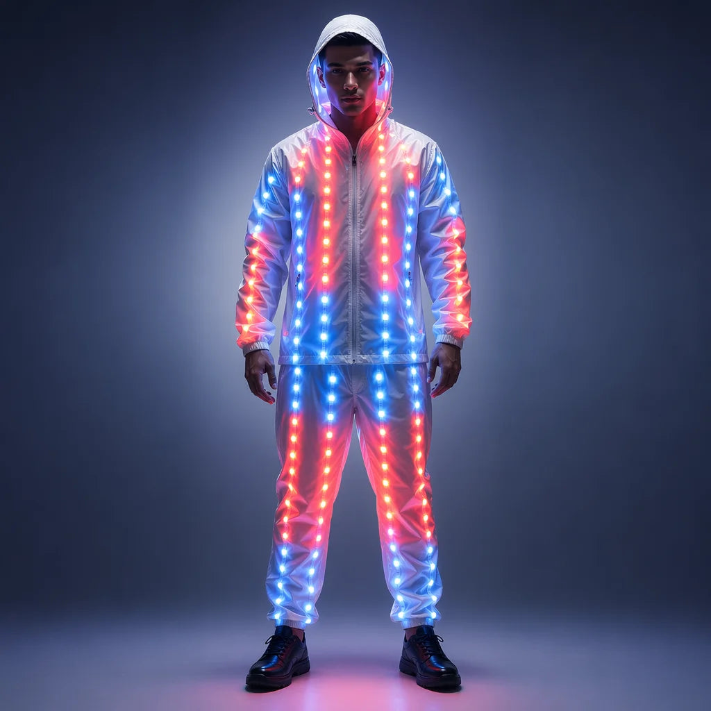 Traje de Luces LED de Píxeles a Todo Color para Chaqueta, Abrigo, Pantalones y Disfraces, Traje Luminoso Creativo para Escenario Exterior y Fiestas Rave