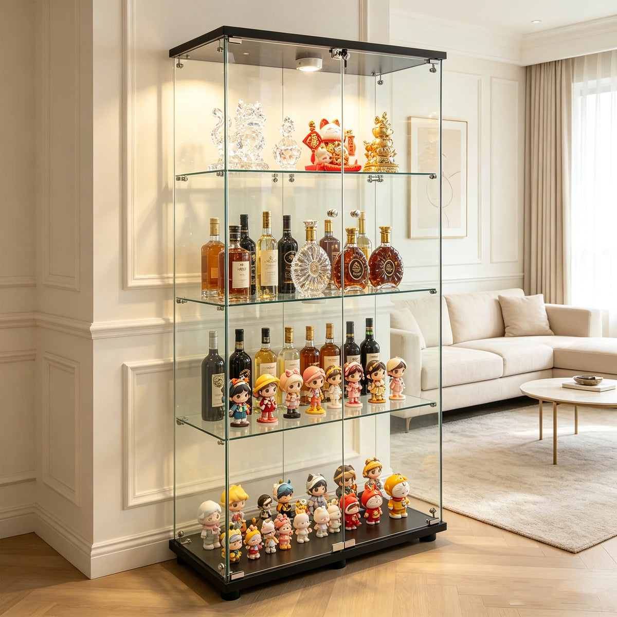 Vitrina de cristal Superaly de 4 niveles con cerradura, vitrina de pie de 2 puertas, mueble de almacenamiento para objetos de colección, libros, vino, para sala de estar, dormitorio, blanco