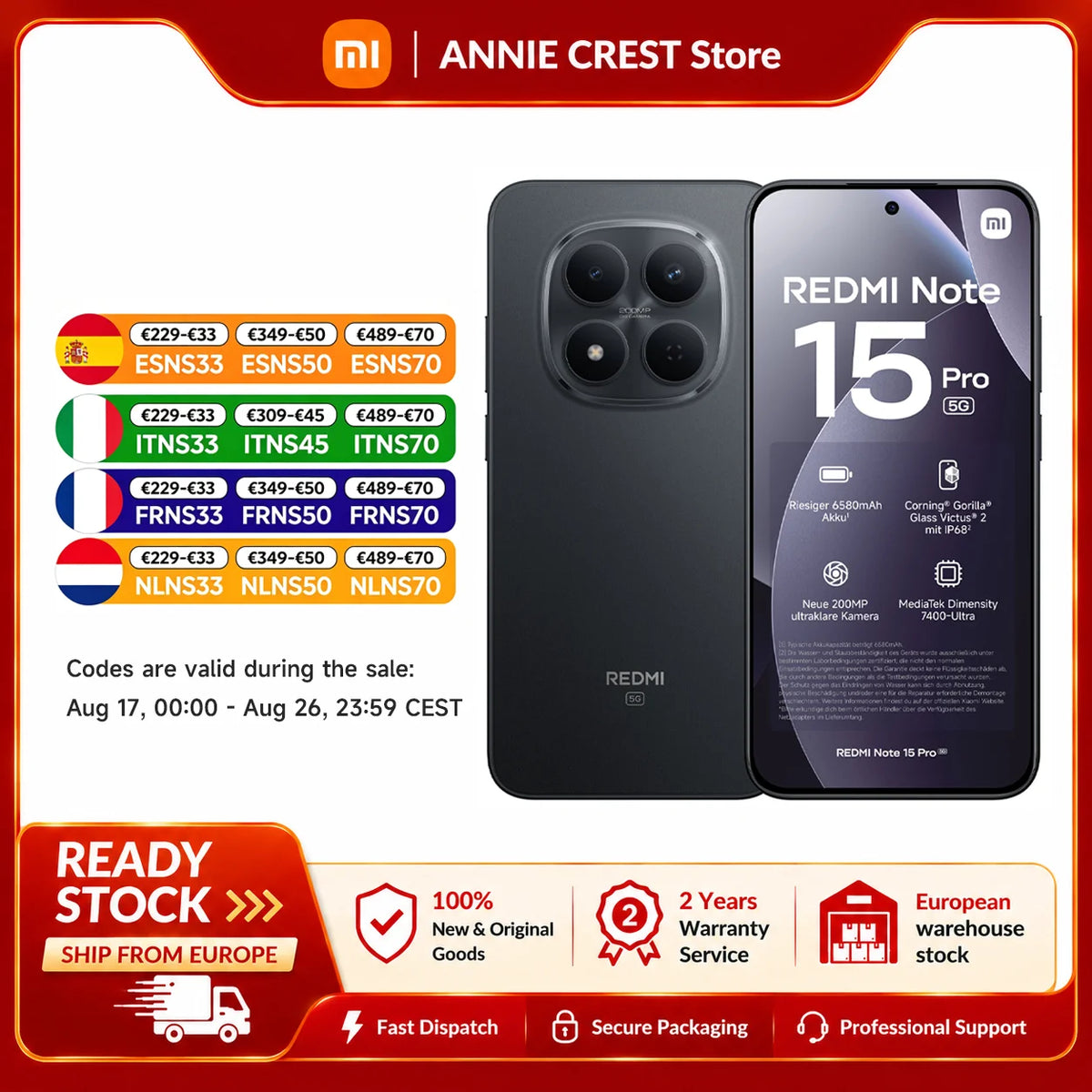 Xiaomi Redmi Note 15 Pro 5G, Smartphone, batería de 6580 mAh, IP66/IP68, cámara de 200 MP, pantalla AMOLED de 6.83" 1.5K, negro y azul, 2 años de garantía, 100% auténtico y nuevo
