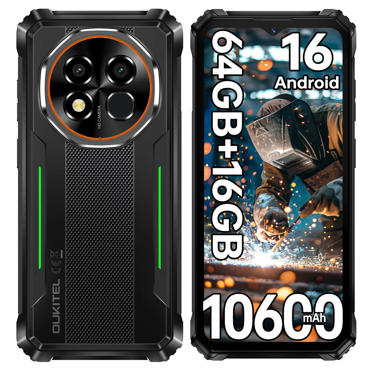 Teléfono inteligente resistente OUKITEL G6 desbloqueado - 16GB+64GB/1TB TF, pantalla HD de 6.52”, IP68/IP69K, Android 16, batería de 10600mAh, 16MP