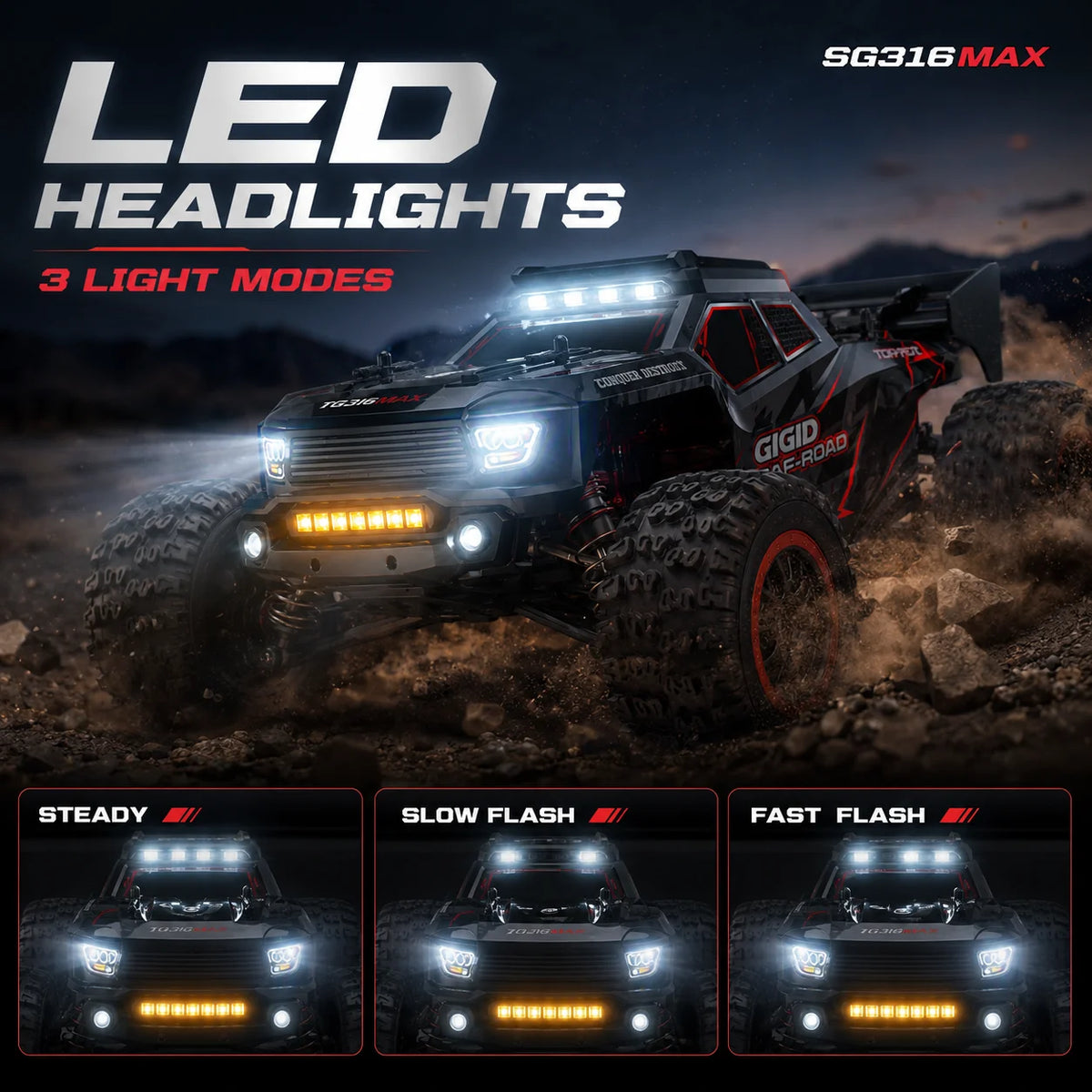 Auto RC sin Escobillas de Alta Velocidad 80km/h para Todo Terreno con Luces LED Brillantes, Control Remoto 2.4G, Camioneta RTR 1/16, Auto Todoterreno 4WD