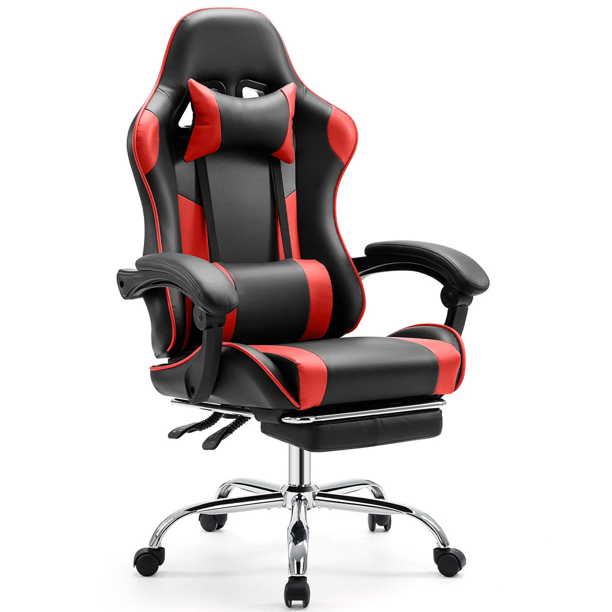 Silla gamer ergonómica negra y roja con reposacabezas, soporte lumbar y base giratoria