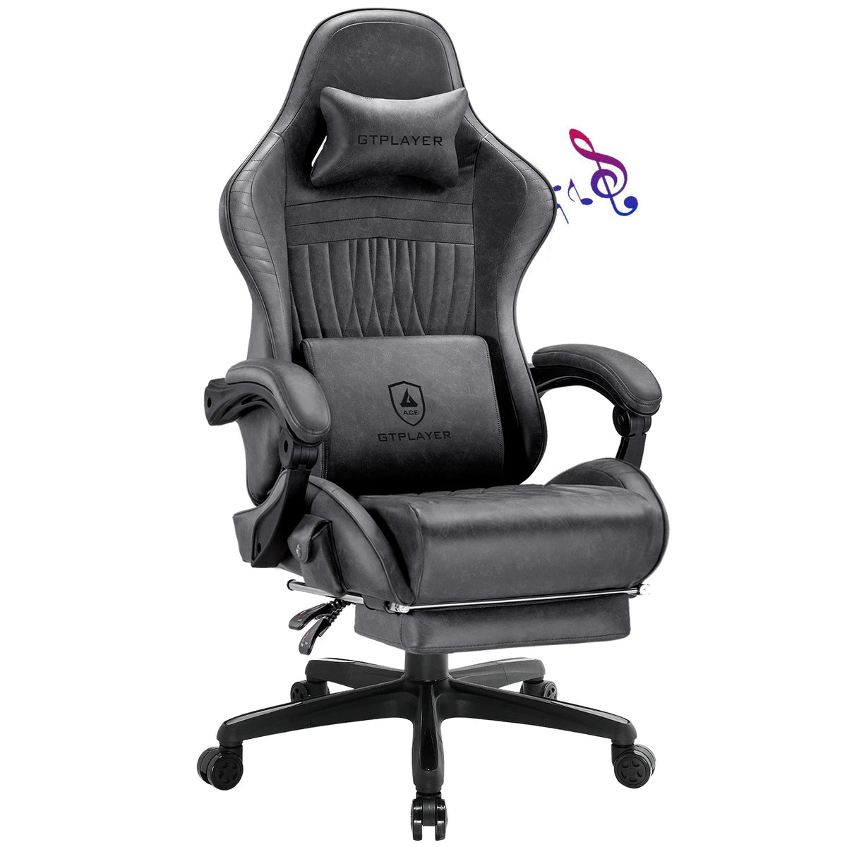 Silla de juego GTPLAYER oscura con respaldo alto, reposapiés y base giratoria.