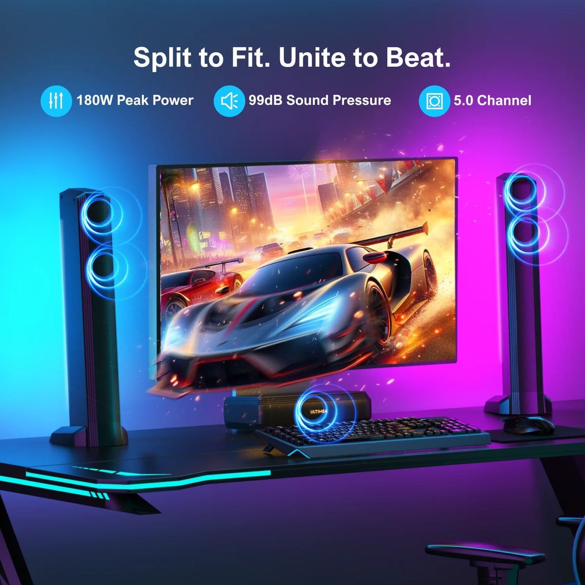 Barra de Sonido ULTIMEA Apollo S70 de 180W y 5.0 Canales para Smart TV, Barra de Sonido para PC con Luz RGB, Barra de Sonido Desmontable para TV con Control por Aplicación, HDMI-ARC/OPT/AUX