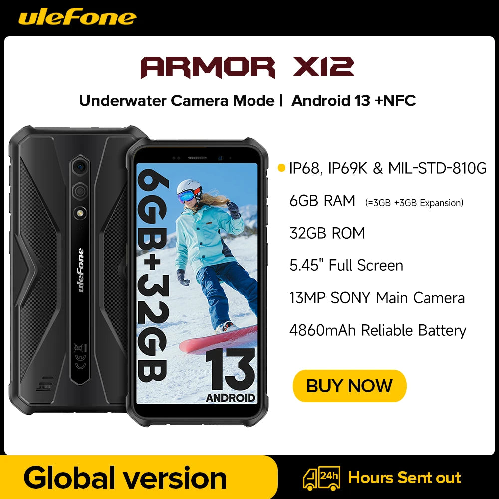 Teléfono robusto Ulefone Armor X12, smartphone Android 13, hasta 6 GB de RAM, 32 GB de ROM, 4860 mAh, 13 MP, 5,45", 4G, NFC, teléfono global