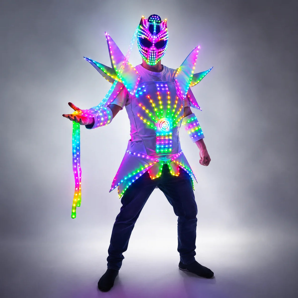Traje de Robot LED de píxel a todo Color, Traje, luces LED, chaqueta luminosa, ropa, Casco de rendimiento