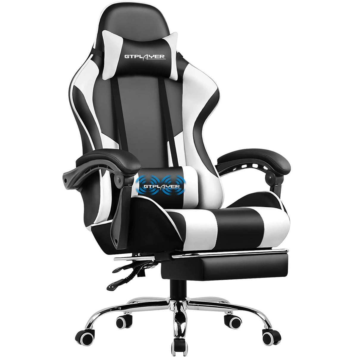 Silla gaming negra y blanca con reposapiés, reposacabezas y brazos ajustables