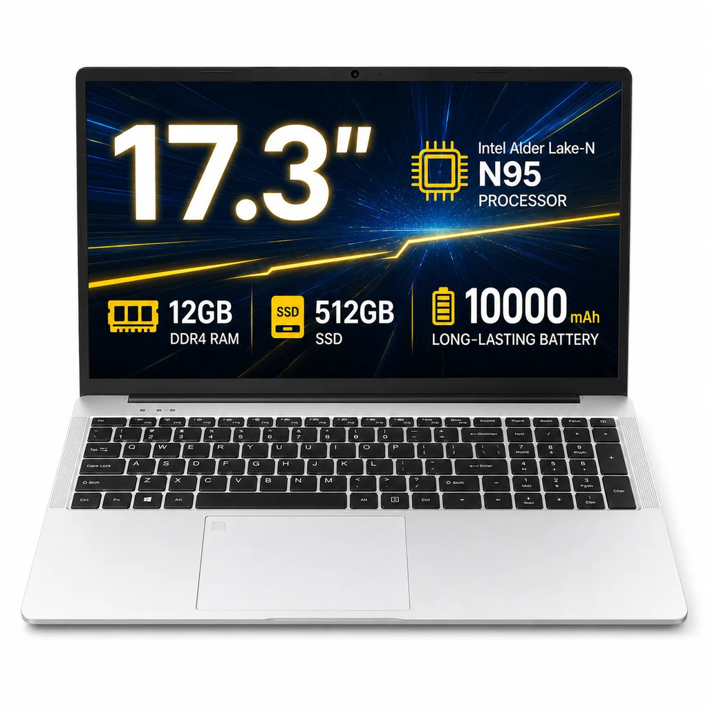17.3 Inch HD+ Laptop Intel N95 12GB RAM 512GB SSD | Windows 11 Large Screen Office & Entertainment Notebook | Fingerprint Unlock Backlit Keyboard Type-C 10000mAh Battery Numeric Keypad (French Warehouse Tax Included)