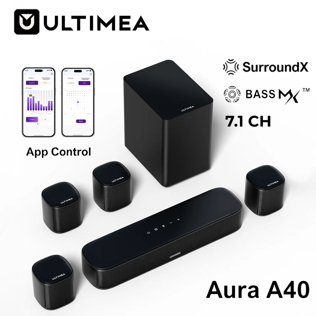 ULTIMEA Barra de Sonido 7.1 para TV con Subwoofer, 4 Altavoces Surround, Sonido Envolvente Virtual, BassMX & SurroundX Sistema de Cine en Casa