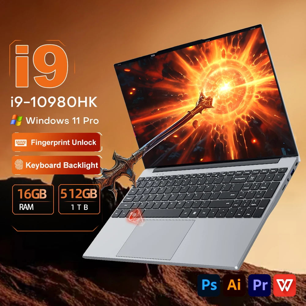 Portátil i9 con Windows 11, pantalla de 15.6 pulgadas, desbloqueo por huella dactilar, Intel Core i9 10980HK, 16GB de RAM, 1TB/2TB SSD, portátil para oficina y juegos.