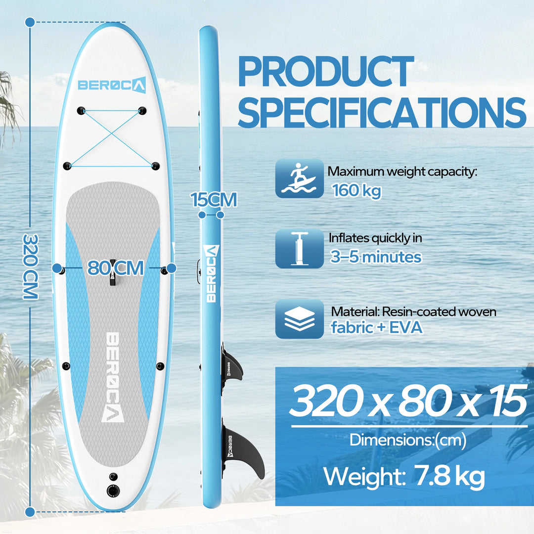 Tabla de paddle surf inflable, 320 x 80 cm, capacidad de carga de 160 kg, plegable, para practicar paddle surf de pie, con superficie antideslizante e impermeable, ideal para adultos y para dos personas, para practicar deport