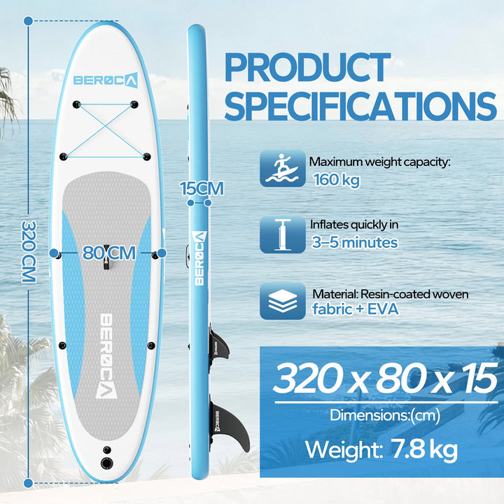 Tabla de paddle surf inflable, 320 x 80 cm, capacidad de carga de 160 kg, plegable, para practicar paddle surf de pie, con superficie antideslizante e impermeable, ideal para adultos y para dos personas, para practicar deport