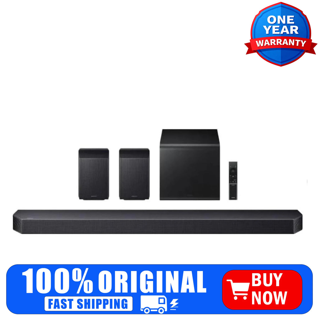 Barra de sonido negra con subwoofer y altavoces traseros, sistema 9.1.4.