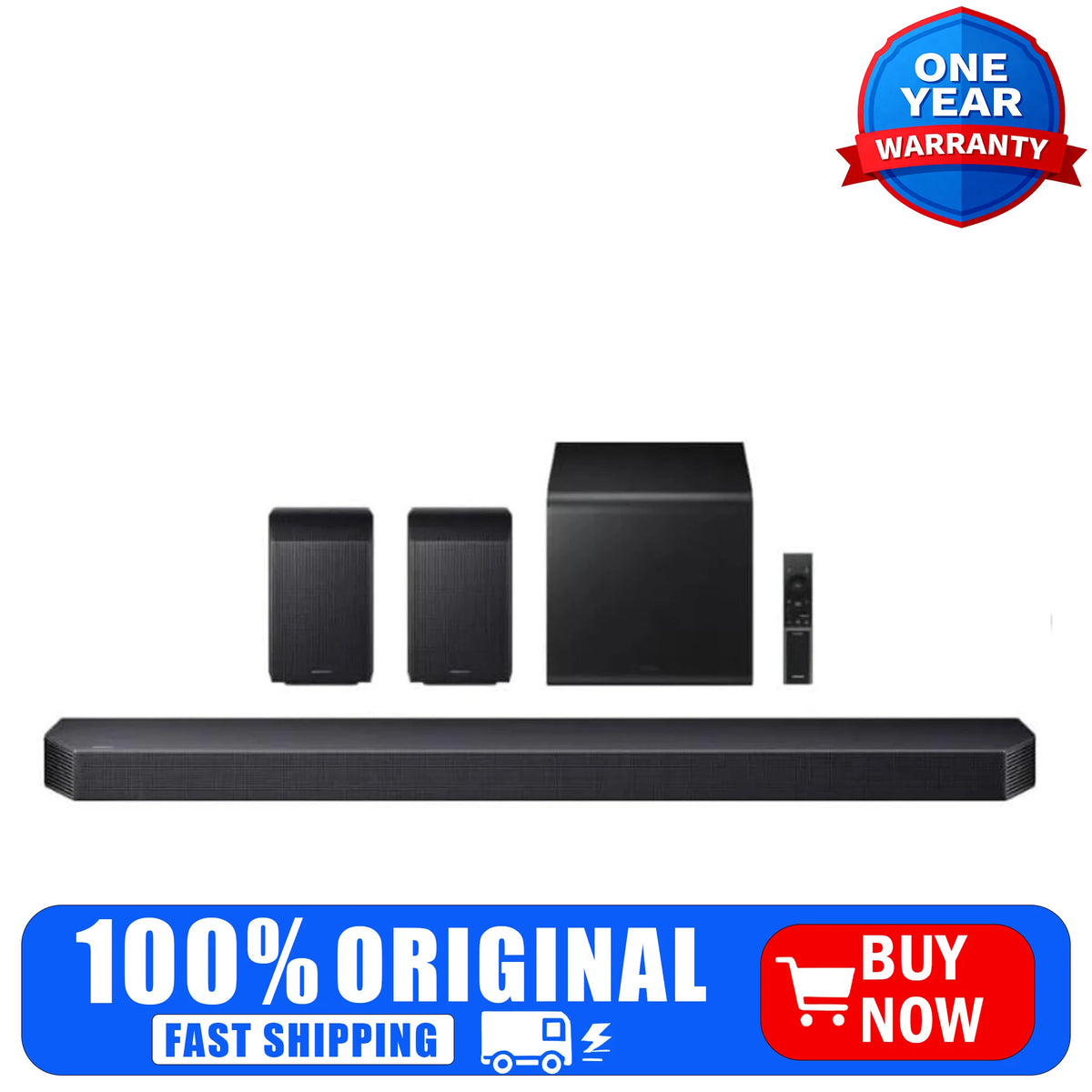 Barra de sonido negra con subwoofer y altavoces traseros, sistema 9.1.4.