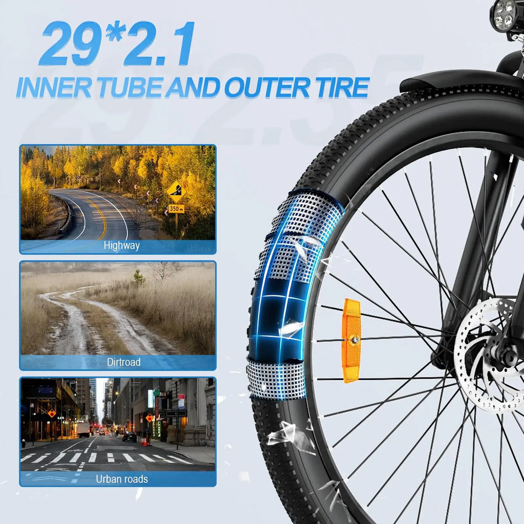 ZAZAWORK C28 Bicicleta eléctrica de 29 pulgadas, motor de 250W, batería de 36V 20Ah, autonomía de hasta 120 km, bicicleta eléctrica urbana para adultos, 7 velocidades, frenos de disco mecánicos, certificación CE