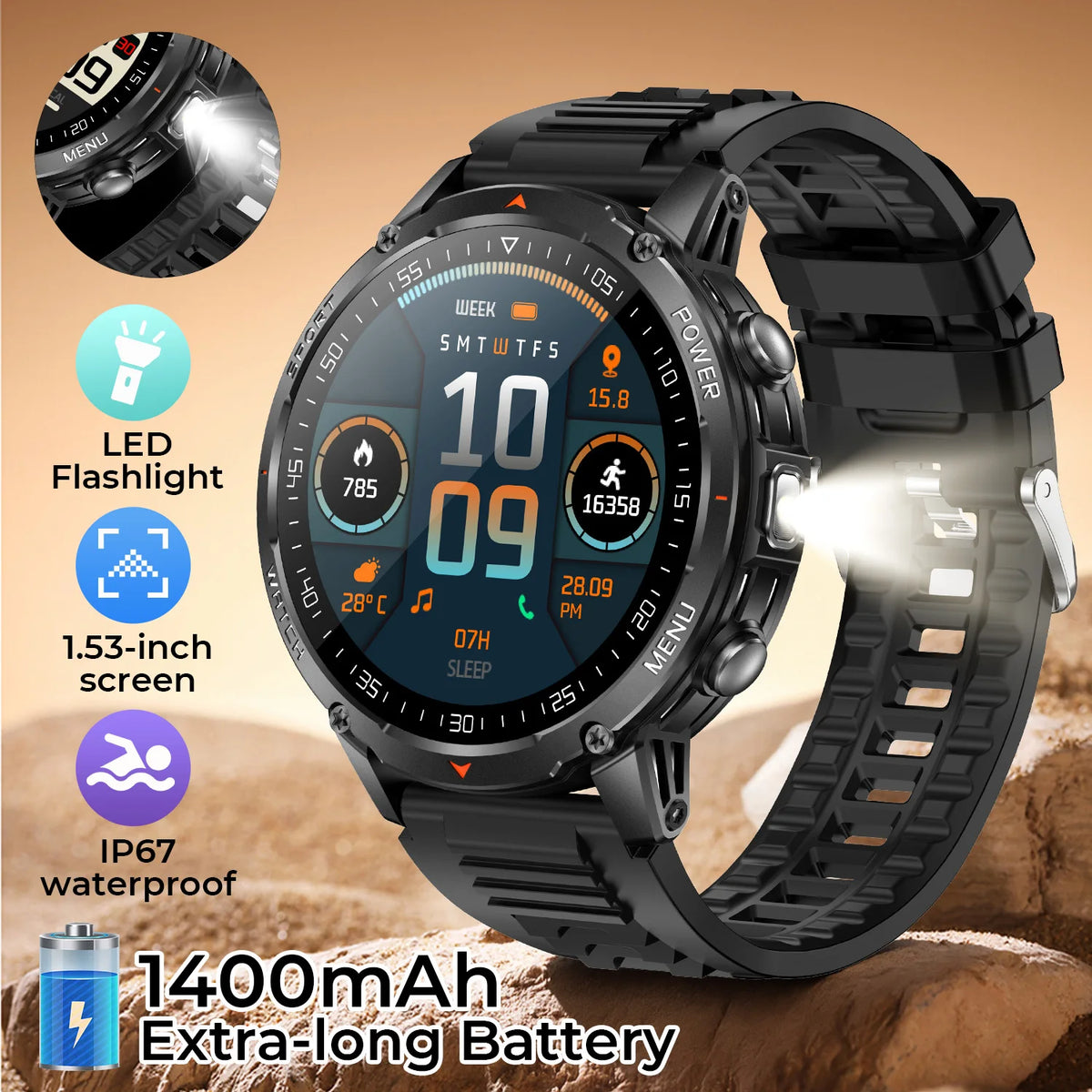 New Durable 1400mAh Battery T-rex3 Men Smartwatch 1.53"HD Screen Fitness Tracker Blood Oxygen LED Flashlight for Android 2026