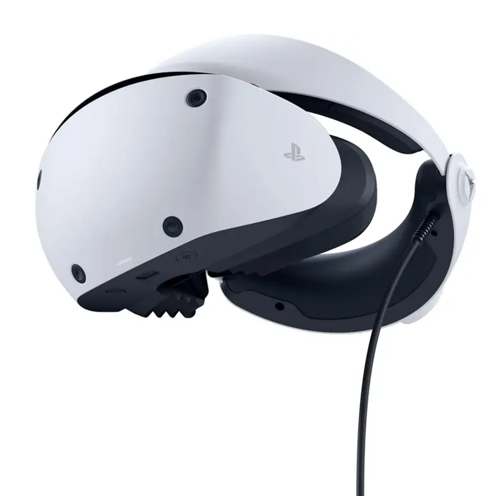 Visor de realidad virtual VR2 blanco con panel frontal negro y cable