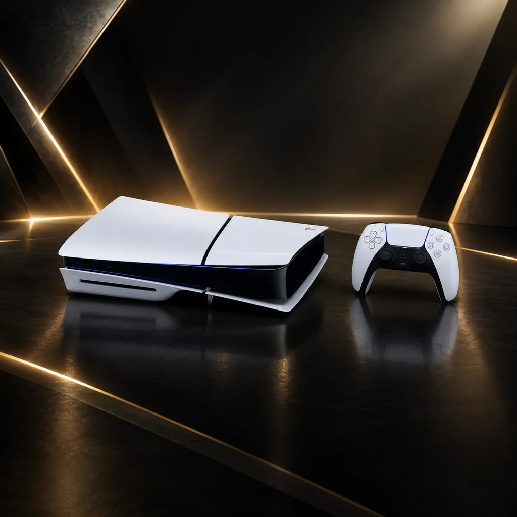 Consola Sony PS5 Slim blanca y mando DualSense blanco, vista de lado