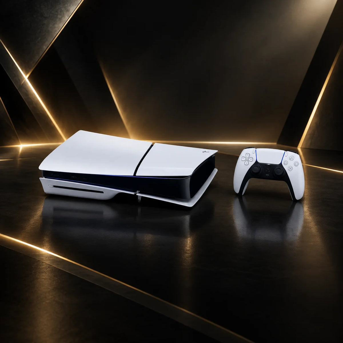 Consola PS5 Slim de disco blanca y mando DualSense blanco, vista lateral