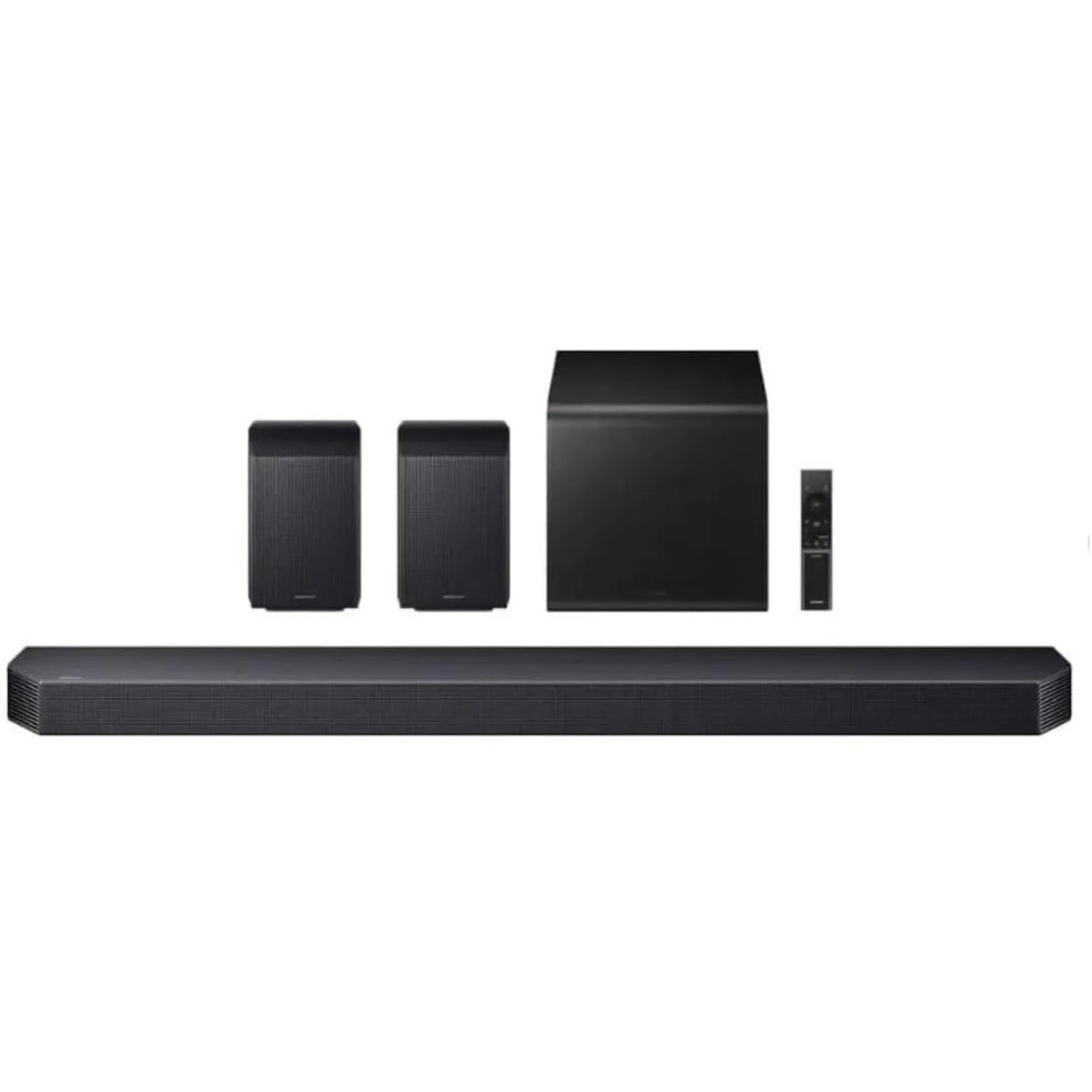 Barra de sonido negra con subwoofer y dos altavoces traseros, vista frontal.