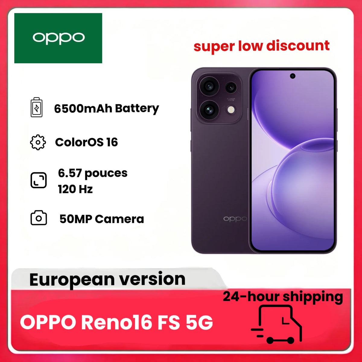 Smartphone desbloqueado OPPO Reno16 FS 5G, 8+512GB, cámara selfie ultra gran angular de 50MP, video 4K con autoenfoque, pantalla de 6.57" a 120Hz, IP69K (cargador no incluido)
