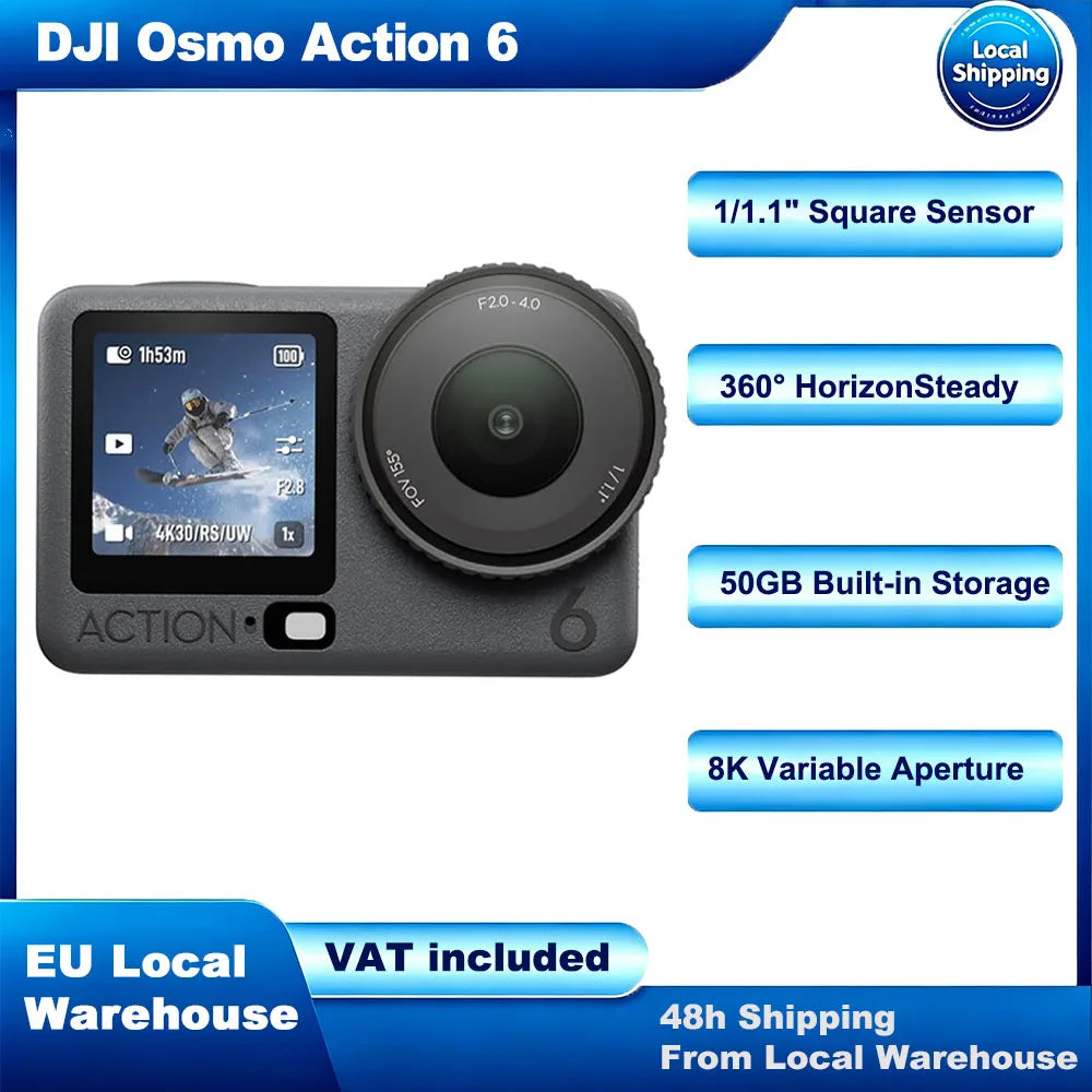 Cámara de Acción DJI Osmo Action 6, Video 8K, Apertura Variable, Sensor Cuadrado de 1/1.1 Pulgadas, 360 °   HorizonSteady, 50GB de Almacenamiento Incorporado, Cámara Subacuática para Vlogs y Deportes