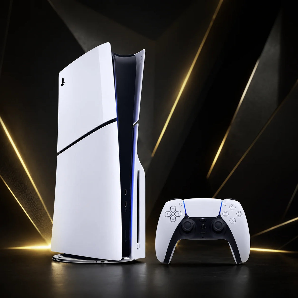 Consola Sony PS5 Slim blanca y mando DualSense blanco, vista lateral