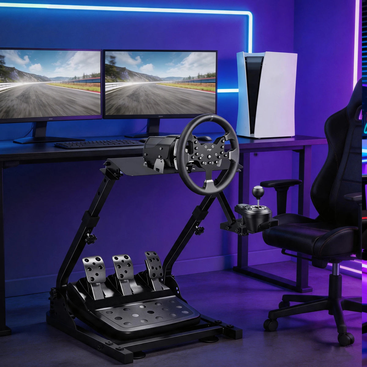 Soporte plegable para volante de carreras, ajustable y universal, fabricado en acero al carbono, con pies antideslizantes para entusiastas de los simuladores de carreras.