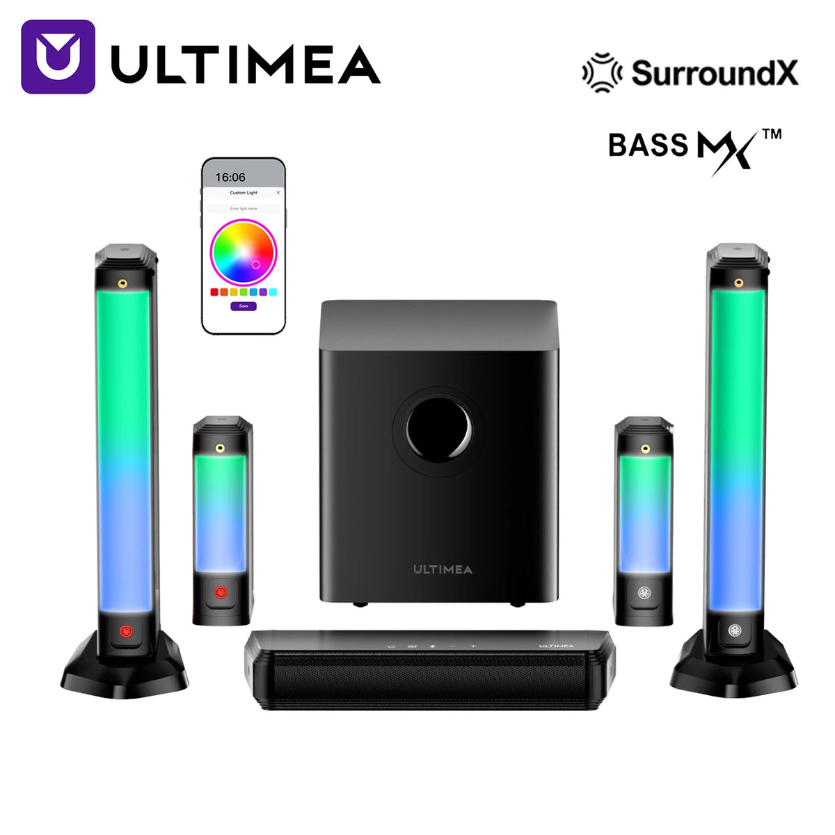 Barra de sonido Ultimea 410W 7.1 canales con sonido envolvente virtual, barra de sonido para Smart TV con subwoofer de 6,5" y 2 altavoces envolventes, control mediante aplicación.