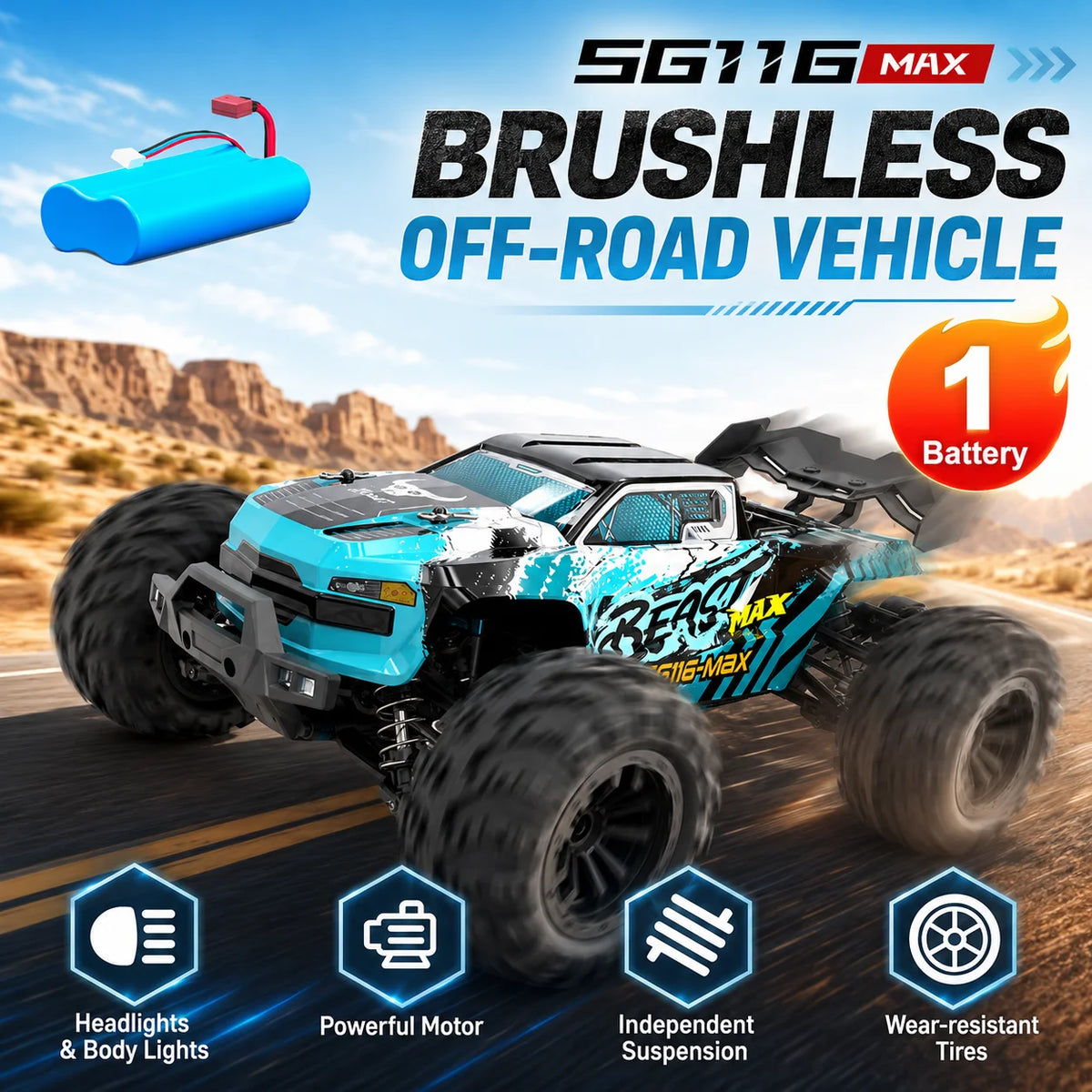 ZNLYRION SG116MAX PRO, Auto RC 4WD 1:16, Sin Escobillas, 80KM/H, Alta Velocidad, Todoterreno, Monster Truck, Control Remoto 2.4GHz, con Luz LED, para Niños y Adultos