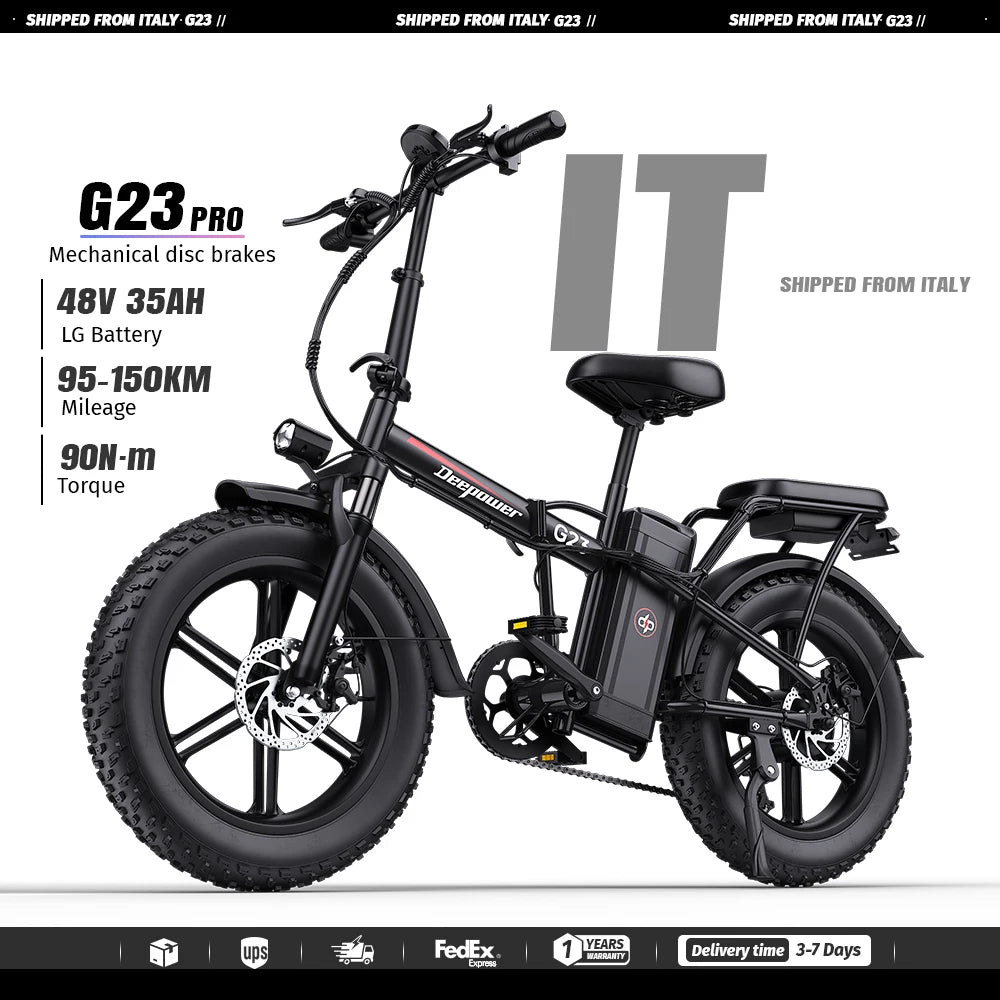 Bicicleta eléctrica plegable DEEPOWER G23, motor con par de 90 N·m, batería extraíble LG de 48V 35Ah, neumáticos gruesos de 20×4.0 pulgadas, bicicleta eléctrica todoterreno, 7 velocidades, frenos de disco mecánicos, ebike urbana para desplazamientos
