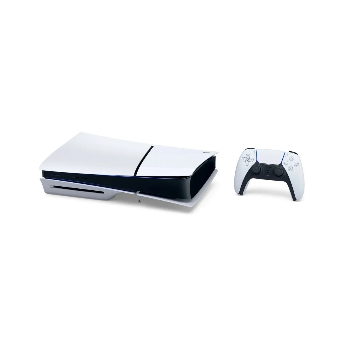 Consola Sony PlayStation 5 Slim blanca y control inalámbrico DualSense, vista lateral