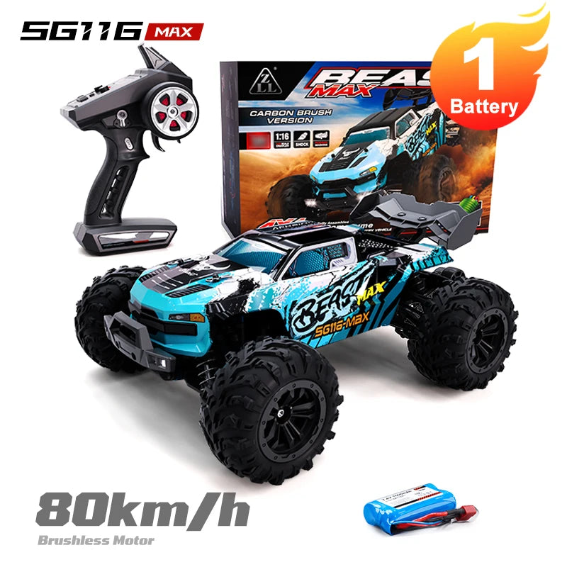 Coche teledirigido ZNLYRION SG118MAX PRO 4WD RC 1:16 sin escobillas, camión monstruo todoterreno de alta velocidad 80 KM/H, 2.4 GHz con luz LED para niños y adultos