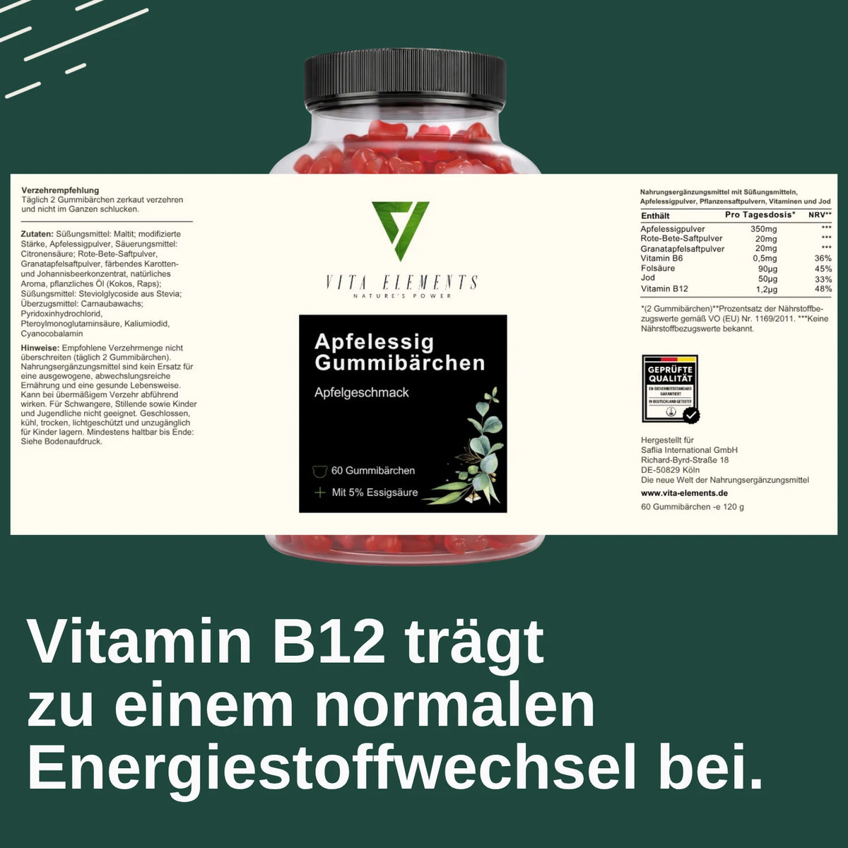 Gomitas de vinagre de manzana |     Probado en laboratorio en Alemania |     Suplementos para la salud |     Con vitamina B12 y ácido fólico |     Caramelos de goma con sabor a frutas |     Libre de modificaciones genética